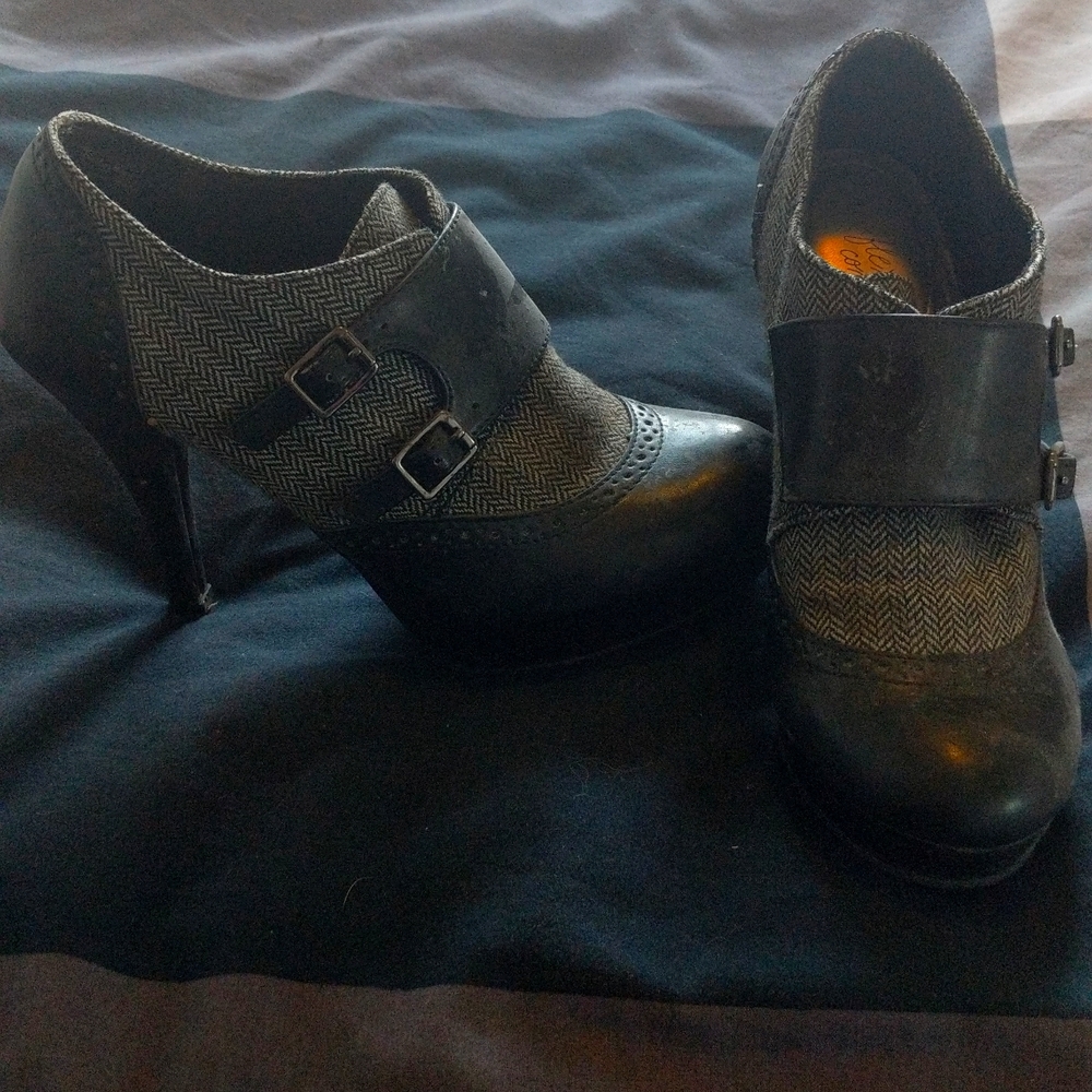 Black and grey heeled ankle boots